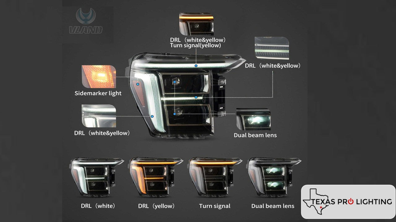 2021-2024 Ford F150 Full BI-LED Headlights With Amber/White DRL Option