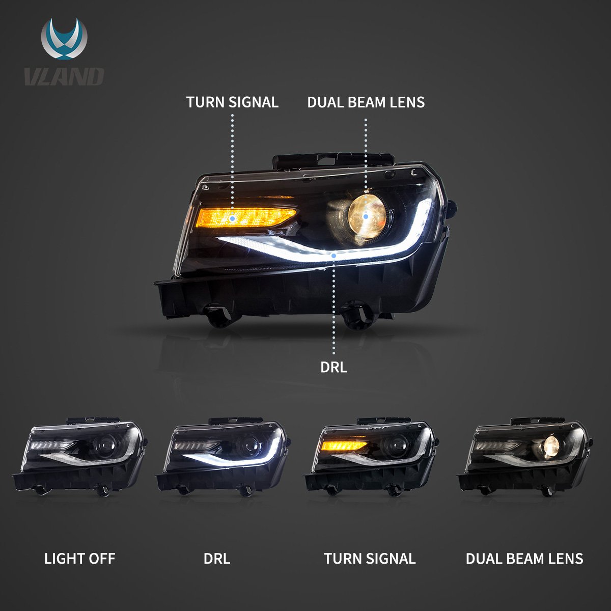 14-15 Chevrolet Camaro Vland RGB Dual Beam Projector Headlights Black