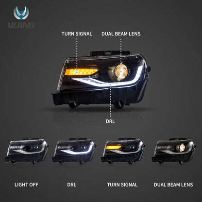 14-15 Chevrolet Camaro Vland RGB Dual Beam Projector Headlights Black