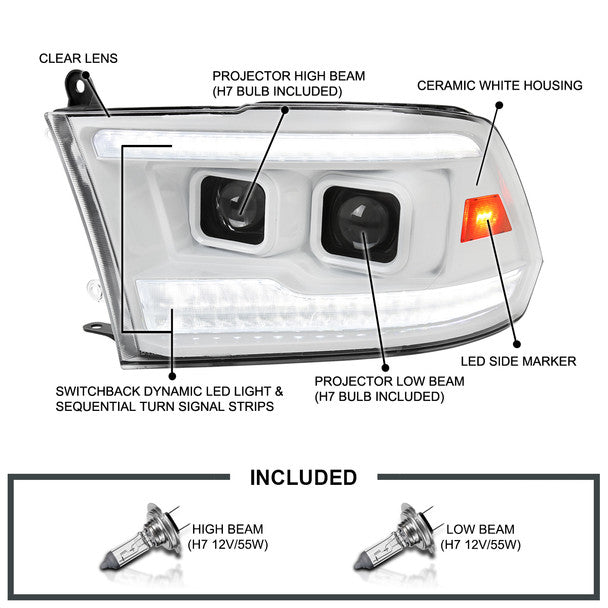 2009-2018 Dodge RAM 1500/2019-2021 RAM Classic/2010-2018 RAM 2500/3500 Switchback Sequential Projector Headlights (White Housing/Clear Lens)